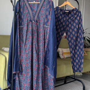 Tamana Ajarkh Print Cotton Dress- Blue